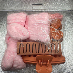 Bear Hair Claw Clip Set Non-Slip Pink Plush Fabric & Brown Plastic Bow