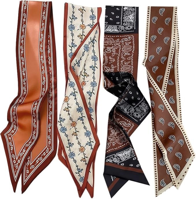 4Pcs Bag Handbag Handle Ribbon Hair Head Band Neck Scarf For Hair Fashion Coffee