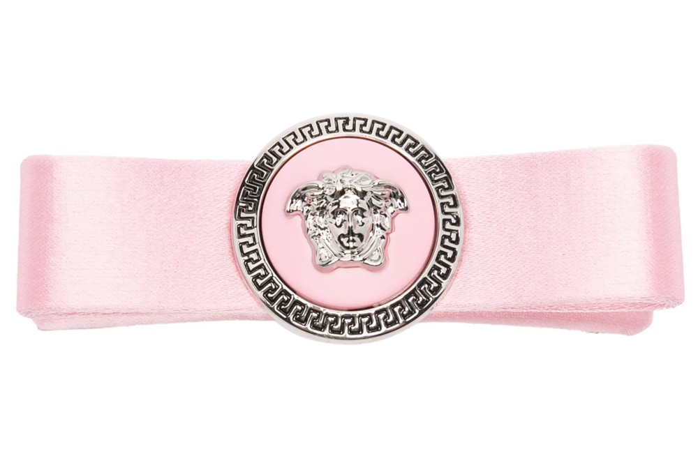 NWT Versace Pink Gianni Ribbon Medusa Tribute Logo Satin Bow Hair Clip Barrette