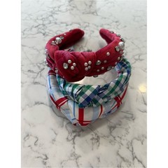 Lot of 3 Fabric Covered Knot Headbands Checkered Americana Faux Pearl