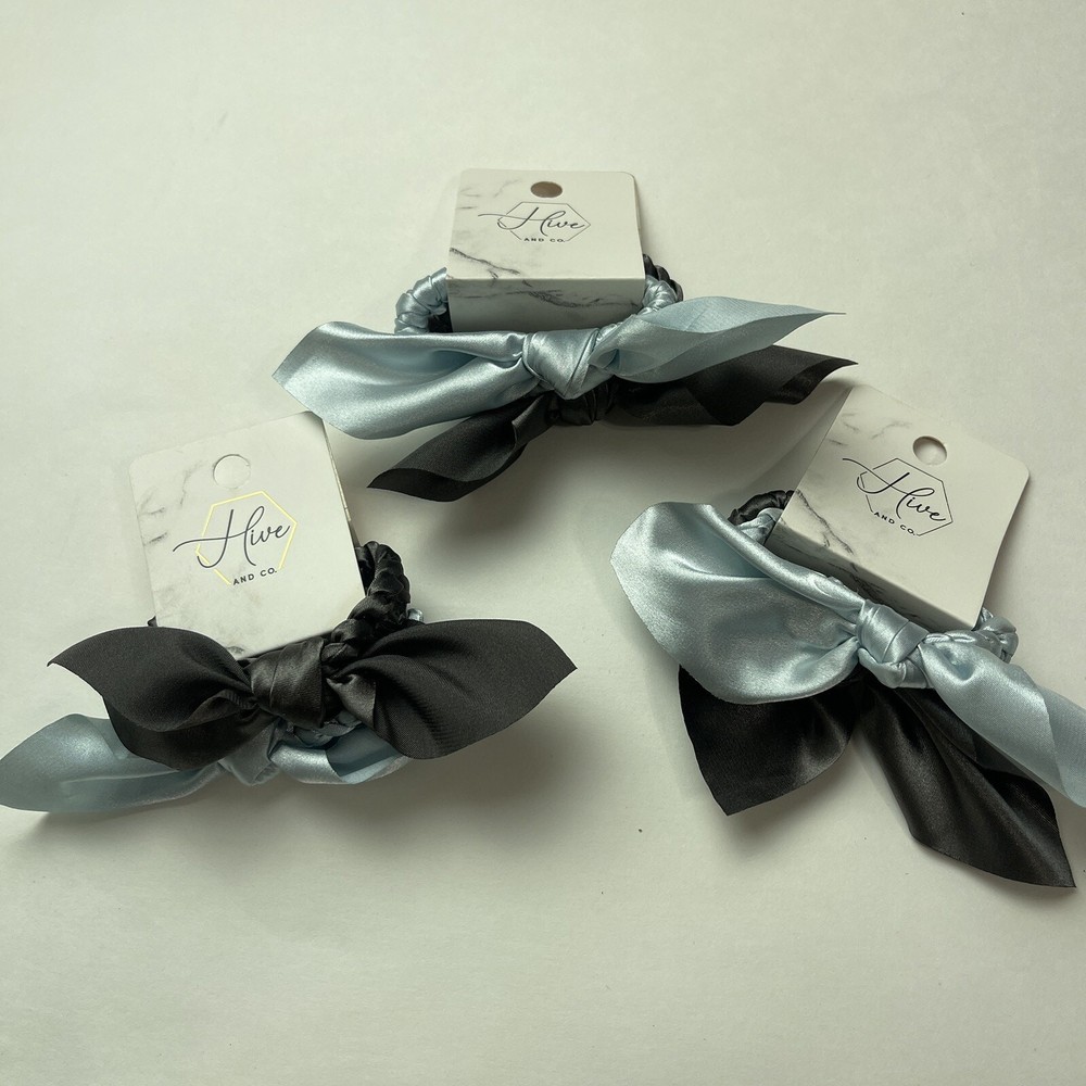 Lot of 6 Hive and Co Satin Hair Ties with Bow – 2 count Each Light Blue & Gray