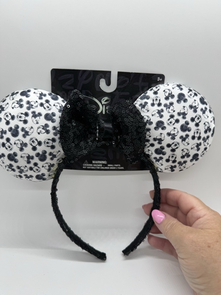 Disney Mickey Mouse Ears Headband Black Sequin Bow White Character Print