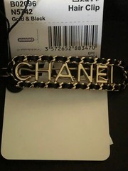 CHANEL 20C NEW TAGS Gold Chain Black Leather CHANEL LOGO HAIR CLIP BARRETTE BOX