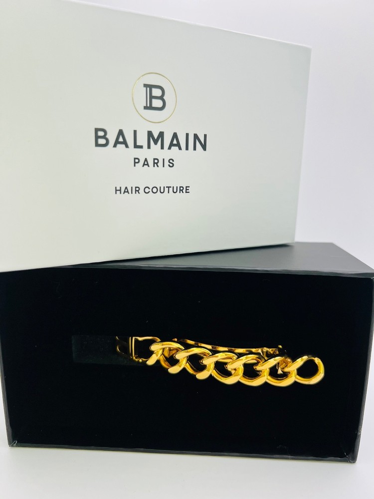 New Balmain Gold Plated Barrette Medium Chain Hair Clip