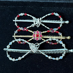 Lilla Rose XL & XXL Beaded Metal Hair Pin Silver Tone Red & Clear Heart Accent