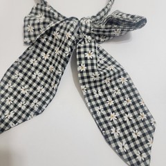 Piper K Gingham Check Daisy Bow Headband Floral Ribbon Tail Cottagecore Peasant