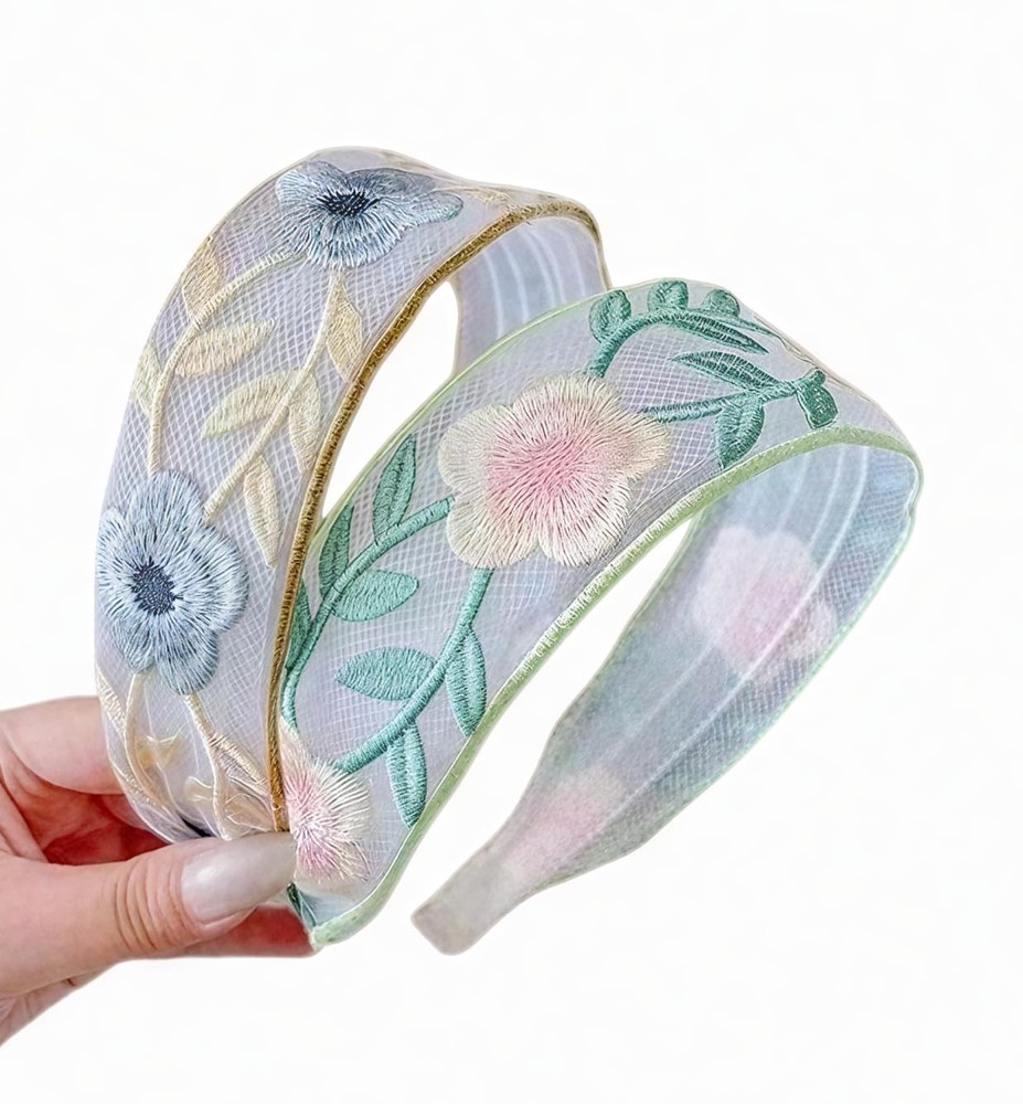 2 Pcs Vintage Floral Embroidered Headbands for Wide Boho Mesh Fabric Hair Ban…