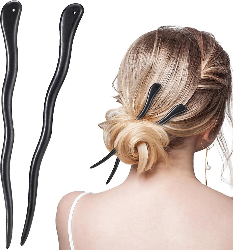 2PCS Ebony Sandalwood French Hair Chopsticks, Snake Shape Hairpins for Chignon