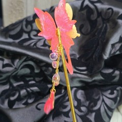 Handmade Delicate Gold and Pink Butterfly Hair Stick w/ Wings and Crystal 7″ L