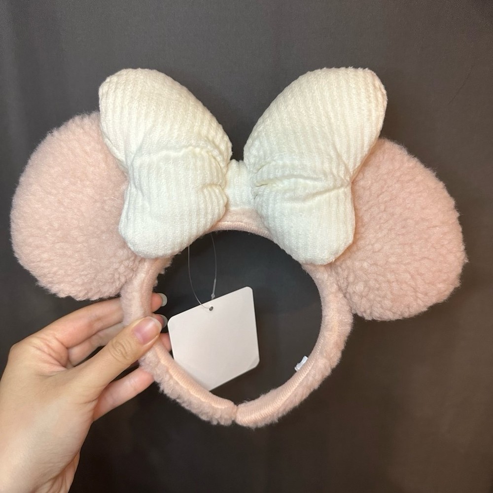 Tokyo Disney pink Sherpa white bow Minnie Mouse Ear Headband Japan new tag
