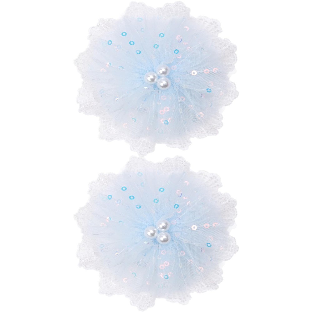 2 PCS 3.5 Inch Blue Lace Pearl Ribbon Bow Alligator Clips Women Girls Hair
