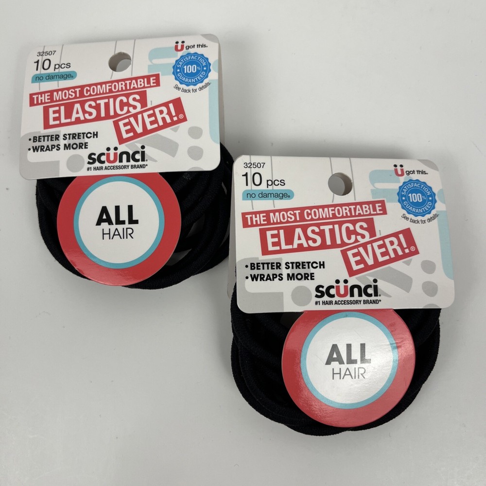 Scunci Hair Elastics Bands Black No Damage Stretch All Hair Types 10 Pc Lot of 2