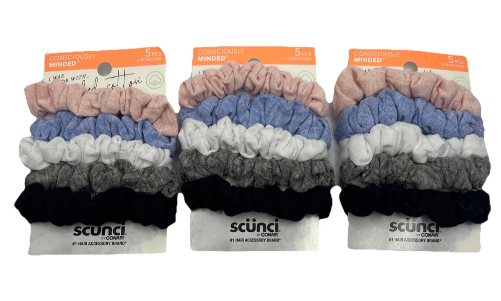 Lot Of 3 Scunci I Am Recycled Cotton Hair Scrunchies, Assorted Colors, 5-Count