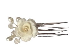 White Rose Barrette Comb Pin Hair Floral Dead Stock Bridal Prom A42