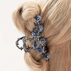 Large Metal Blue Floral Hair Claw Clips with Glitter Design – Spring Hair Access