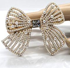 Faux Pearl Bow Barrette Metal Gold Tone 2″