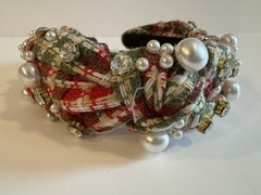 Statement headband Plaid Red, Green White Pearls Clear Gemstone Top Knot NWOT