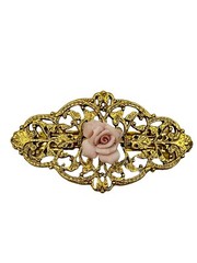 1928 Jewelry Hair Barrette Gold Tone Rose Pink Porcelain Vintage Filigree 2.5″
