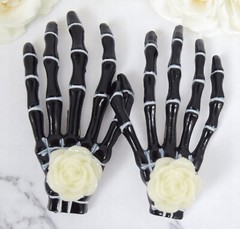 Goth Loli Skeleton Hand Hair Clips with Rose – Set of 2 Cute Spooky Punk Grunge