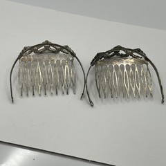 Vintage Silver Tone Hair Combs Rhinestone Heart Tiara Bridal Wedding Set of 2