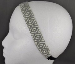 Grey White braided woven tribal design stretch elastic headband 1″ wide