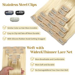 Mocona Clip in Hair Extensions Real Human Hair Bleach Blonde 12 Inch 7pcs 70g Pa