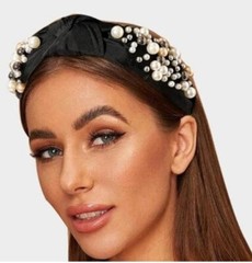New Black Pearl Headband Knotted Headband For Women Rhinestone Headband Beaded