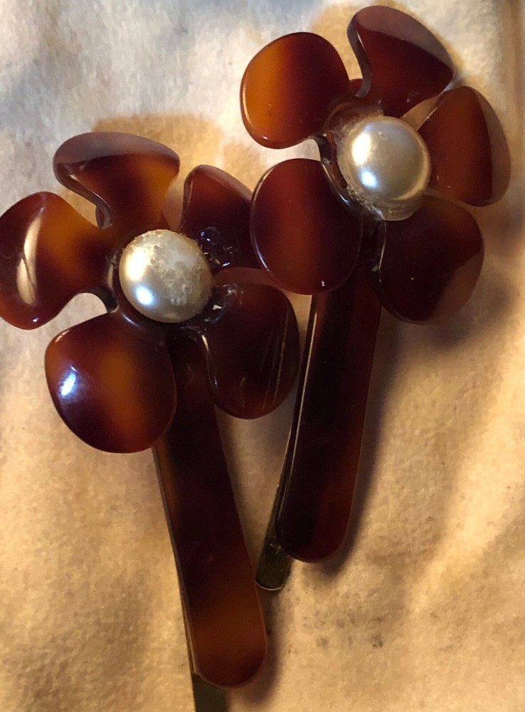 ALEXANDRE DE PARIS Hair Clip Flower Swarovski Pearl Pair Vintage Signed