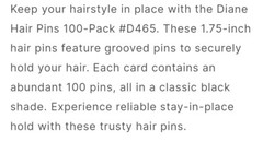 Diane 1 3/4” 44 mm U-shaped Hair Pins Black Hair Bob Pins 100 count D465