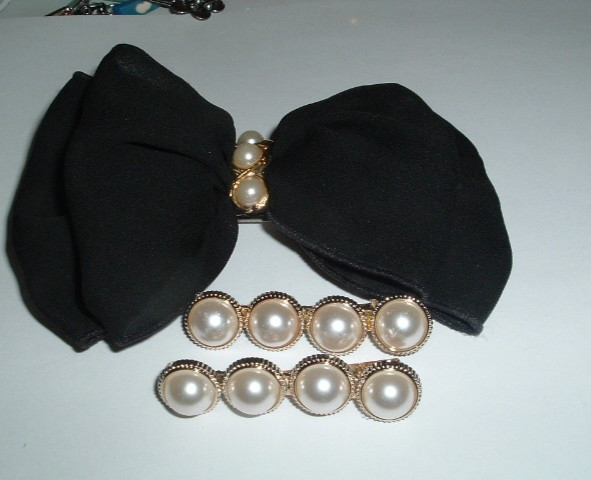 BLACK SILK BOW HAIR BARRETTE AND WHITE PEARL H AIR CLIPS