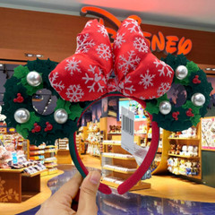 Disney` Parks Holiday Wreath Bow Red Green Mickey Mouse Ears Christmas Headband