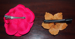Set/2 France Luxe Flower Pinch Clips: Saddle Brown Faux Leather & Fabric Fushcia