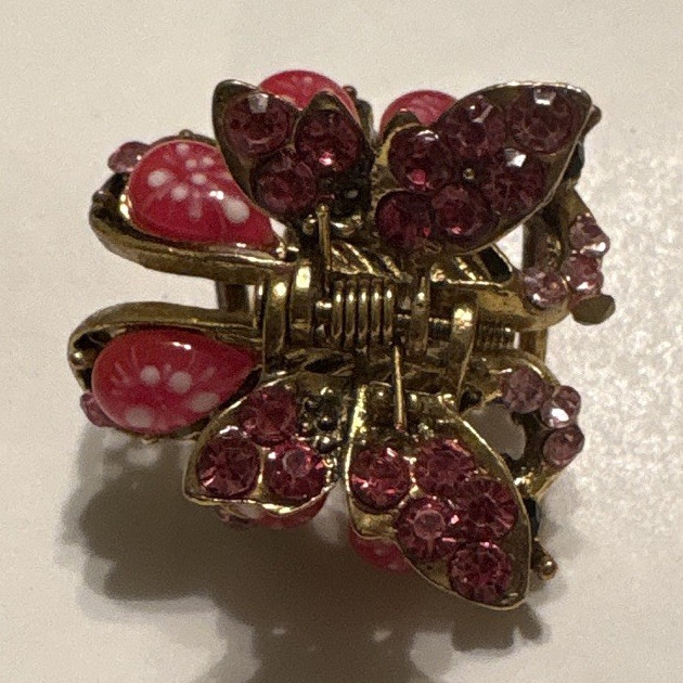 Gold Tone Butterfly Hair Claw Clip Pink Rhinestones Metal Women’s Accessory