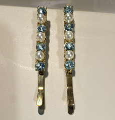 Gold Tone 2pc Bobby Pins Hair Clips Blue Rhinestones Faux Pearls, Blue & White