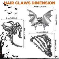 KFHENSOMR 3Pcs Large Metal Spider Bat Hand Hair 1 Count (Pack of 3), Black