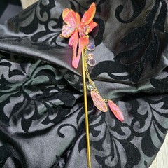 Handmade Delicate Gold and Pink Butterfly Hair Stick w/ Wings and Crystal 7″ L