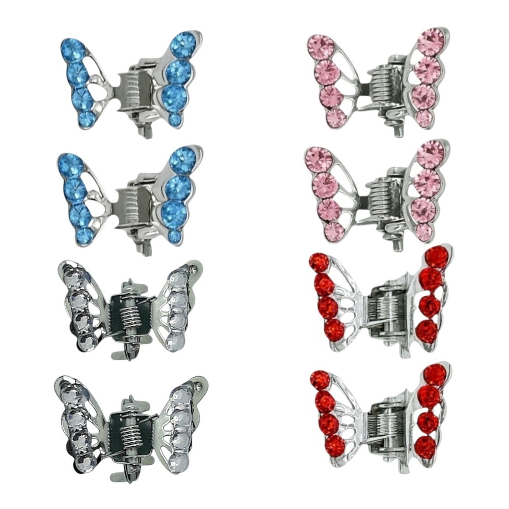 8Pcs Women’s Butterfly Hair Claw Clips – Silver Tone, Multicolor Zirconia