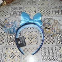 Disney LED Mickey Mouse Ears Headband Bow Blue Clear Plastic Fabric Solid
