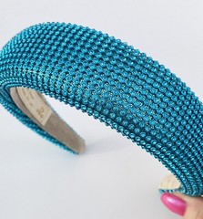 Padded 1.5” Headband with Aquamarine Rhinestone Aluminum Mesh Overlay Handmade