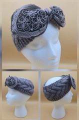 Women’s Gray Crochet Bow Headband Ear Warmer Turban Hair Band Knitted, EUC