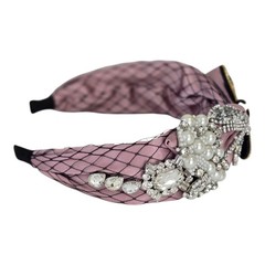 Elegant Bow Rhinestone Pearl Mesh Headband Pink Knotted Jeweled Hair Accessory