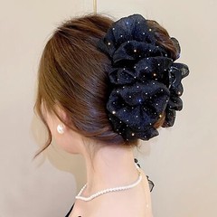 Hair Clip, Black Chiffon Mesh Tulle Rhinestone Bow Hair Clip, Strong Hold Sil…