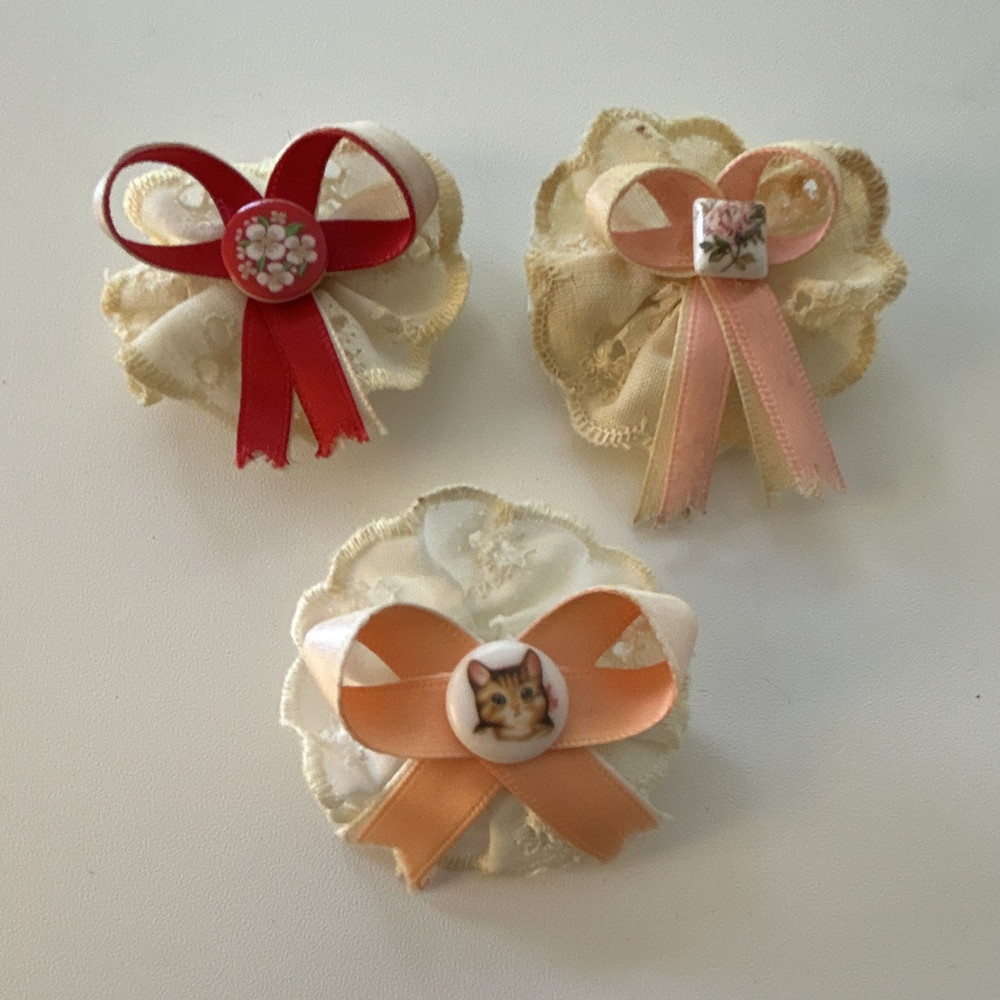 Lot of 3 Fabric & Plastic Bow French Hair Clips, Multicolor Floral Accents
