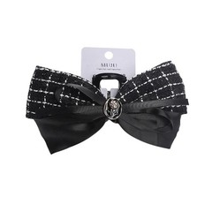 MUJU Hair Claw Clip 14.5cm Fabric Plastic Bow Accent Plaid Black White D339 2pcs