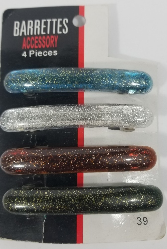 Glitter Barrettes Set of 4 Hair Clips Amber Silver Black Blue NOS Y2K 90s