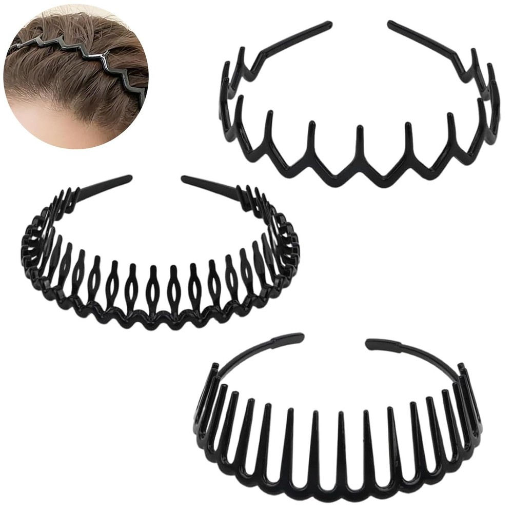 Malijnxin 3 Pack Wavy Claw Headbands with clips, Hair clip Headbands, black