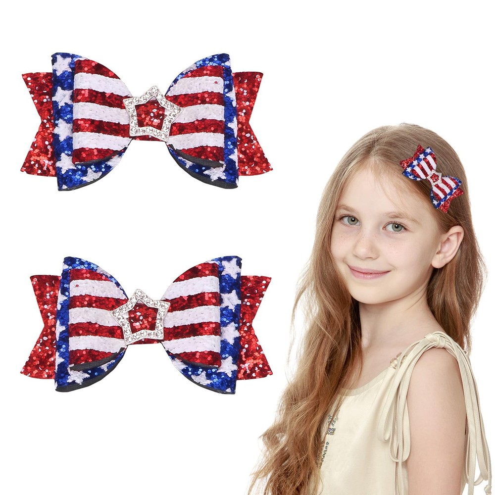 4th of July Hair Bow Clips Independence Day Hair Clips Glitter Bows for Girls…
