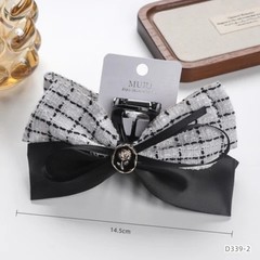 MUJU Hair Claw Clip 14.5cm Fabric Plastic Bow Accent Plaid Black White D339 2pcs