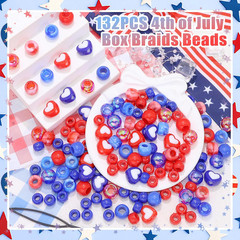 NAISKA 132PCS 4Th of July Hair Beads Royal Blue Red Beads for Hair Patriotic Bea