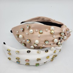 Set of 2 Embellished Top Knot Headbands Pearl Rhinestone Crystal Pink White